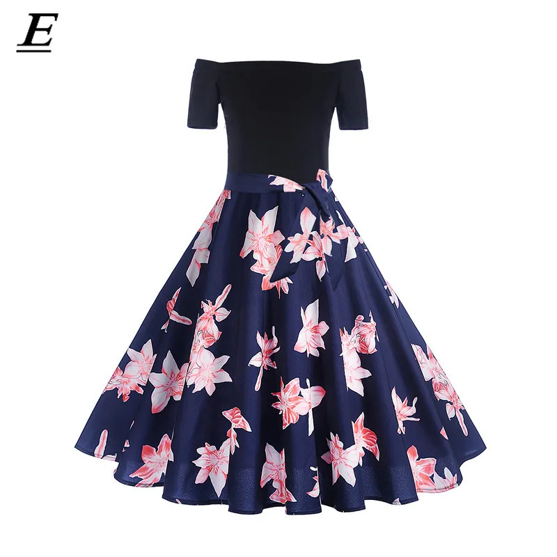 

2019 New Female Summer Dress Sexy Short Sleeve Slash Neck Robe Vintage Retro Casual Party Rockabilly 50s 60s Floral Women Dress