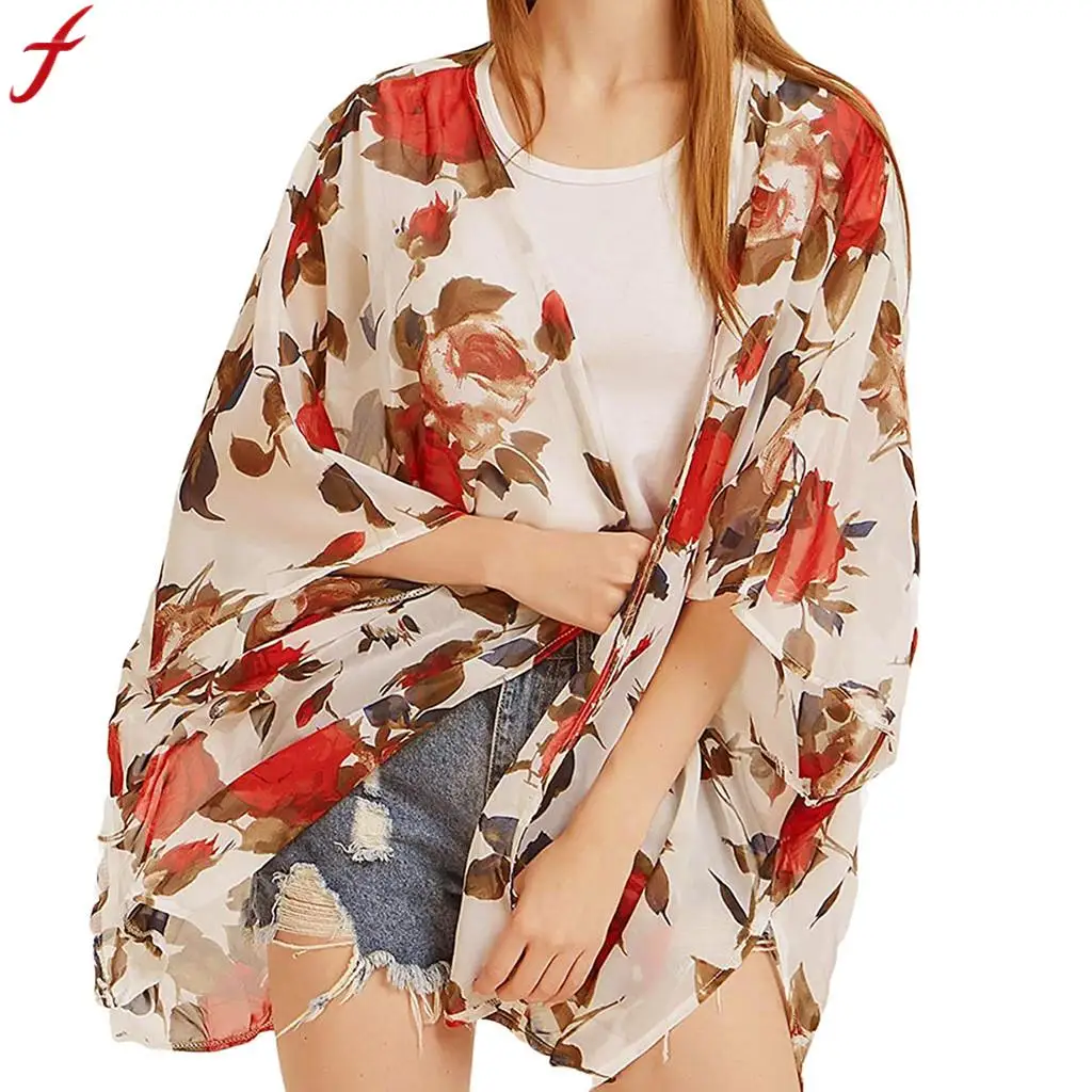 

FEITONG Plus Size Blouse Womens Casual Half Sleeve Tops Chiffon Printing Cardigan Kimono preto Loose flora printed Blouse Tops