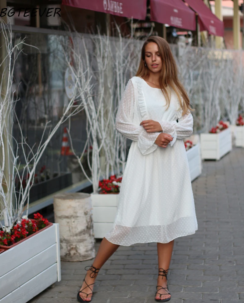 BGTEEVER Ruffles Polka Dot Women Chiffon Dress Elastic Waist Flare Sleeve Female Long Vestidos A-line White Dress