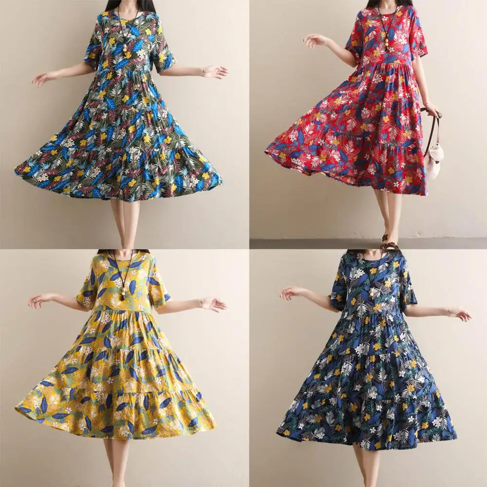 

Women's Vintage Print Short Sleeve Ladies O-Neck Casual Knee-Length Dress