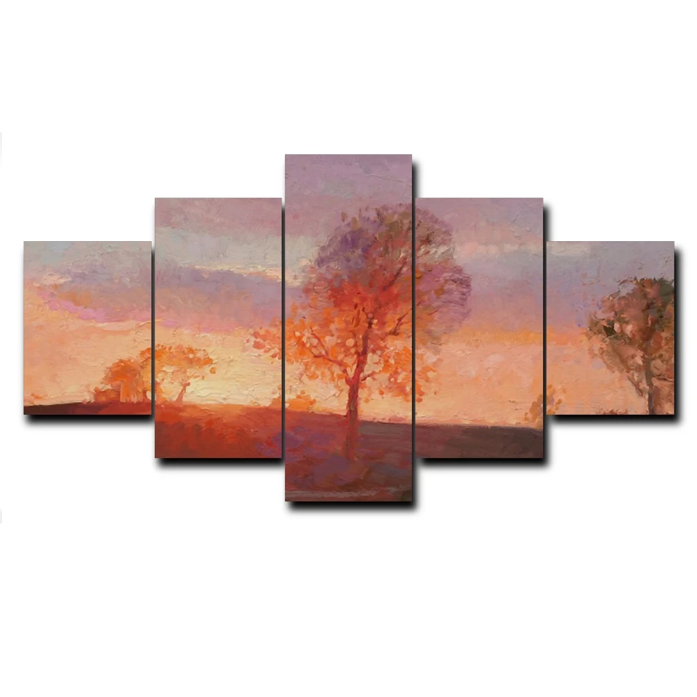 Laeacco Canvas Calligraphy Painting 5 Panel Sunrise Tree Posters And Prints Wall Art Pictures for Living Room Home Decor | Дом и сад