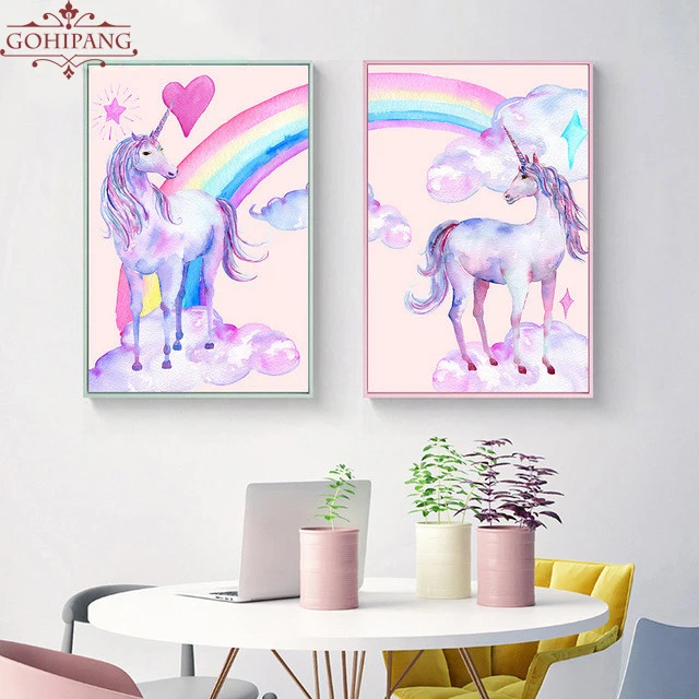 HJIAART-Pink-Rainbow-Unicorn-Posters-and-Prints-Watercolor-Pegasus-Painting-Wall-Art-Decorative-Picture-Nordic-Style