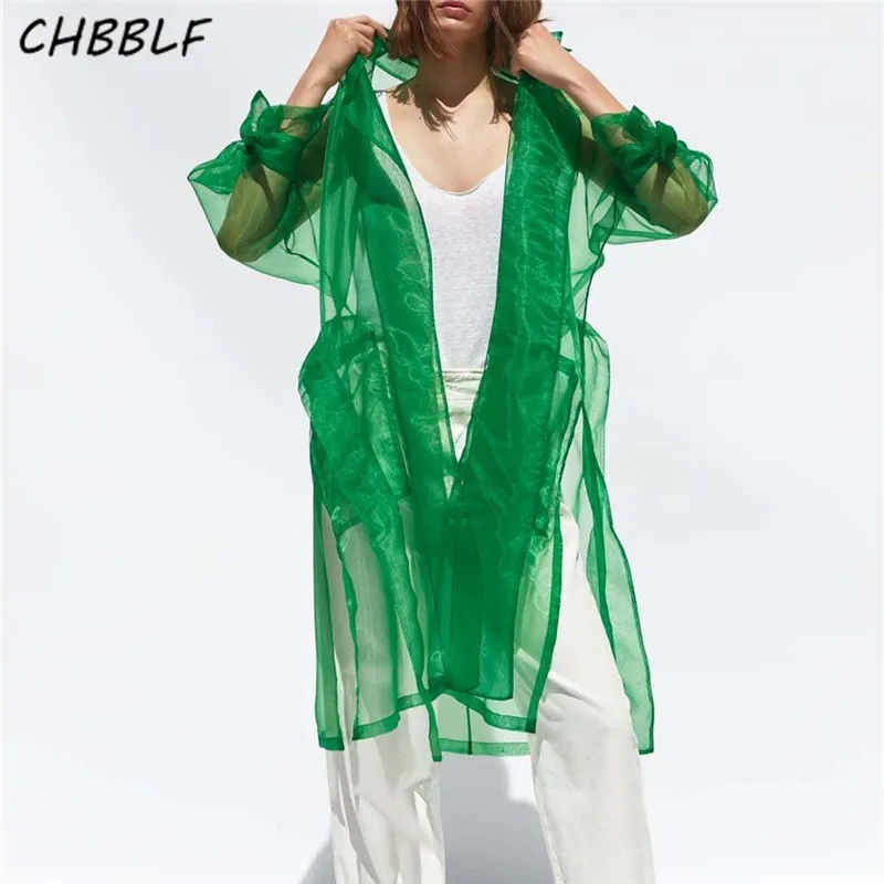 

CHBBLF women elegant solid loose long trench bow tie sashes see through design green outerwear long chic coat XSZ19113