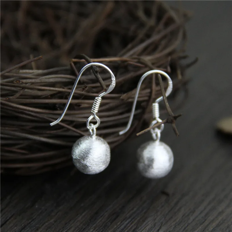 

Handmade Thai Silver Earrings for Women S925 Sterling Silver Bead Earrings Brushed Surface Simple Ethnic Style Jewelry