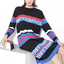 Vestidos De Fiesta Top Fashion New Office Dress Autumn Letters Stiped Knee-length Celeb Style Career Business Knitted Women