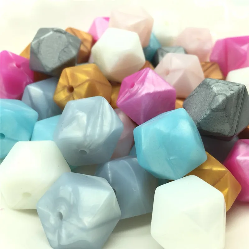 

100 PCS Metallic Color Combo Silicone Loose Beads Large17MM Geometric Hexagon Silicone Beads DIY Necklace Hexagon Teething Beads