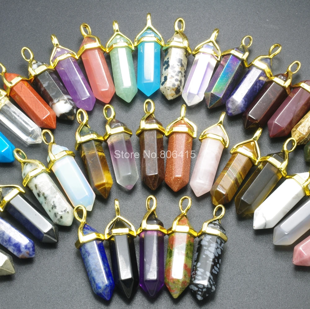 Natural Gemstone Hexagonal Point Reiki Chakra Pendant Real Leather Necklace Gold 
