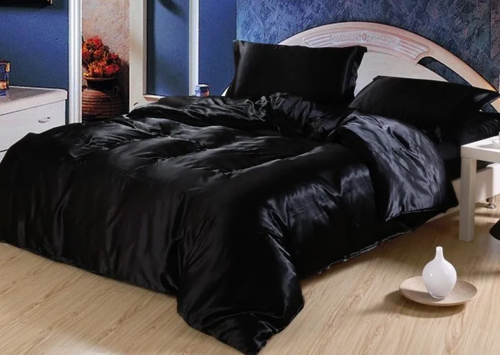 7pcs black satin silk bedding set sheets california king queen full black quilt twin size
