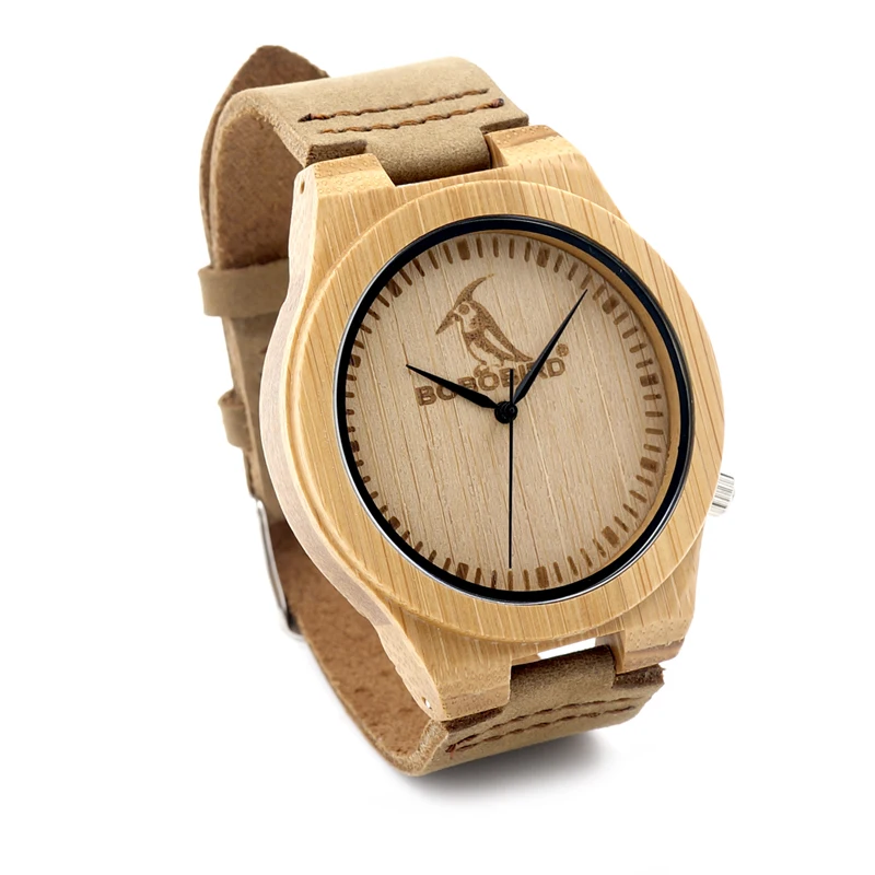BOBO BIRD L-L07 Bamboo Wooden Watches Male with Brand Design on the Front and Wide Leather Strap Men Clocks