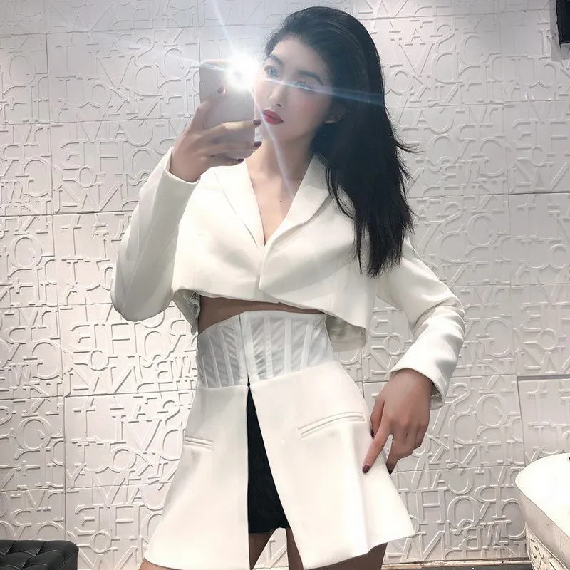 Hot Sale Spring 2019 Fashion Ol Long Sleeve Women Blazer Female Lapel Tunic Patchwork White Suit