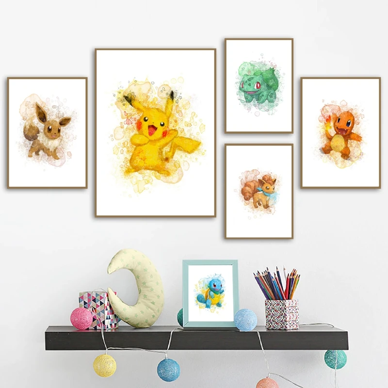 Pokemon-Watercolor-Wall-Art-Canvas-Posters-Painting-Pikachu-Eevee-Squirtle-Vulpix-Charmander-Wall-Pictures-Print-Kids
