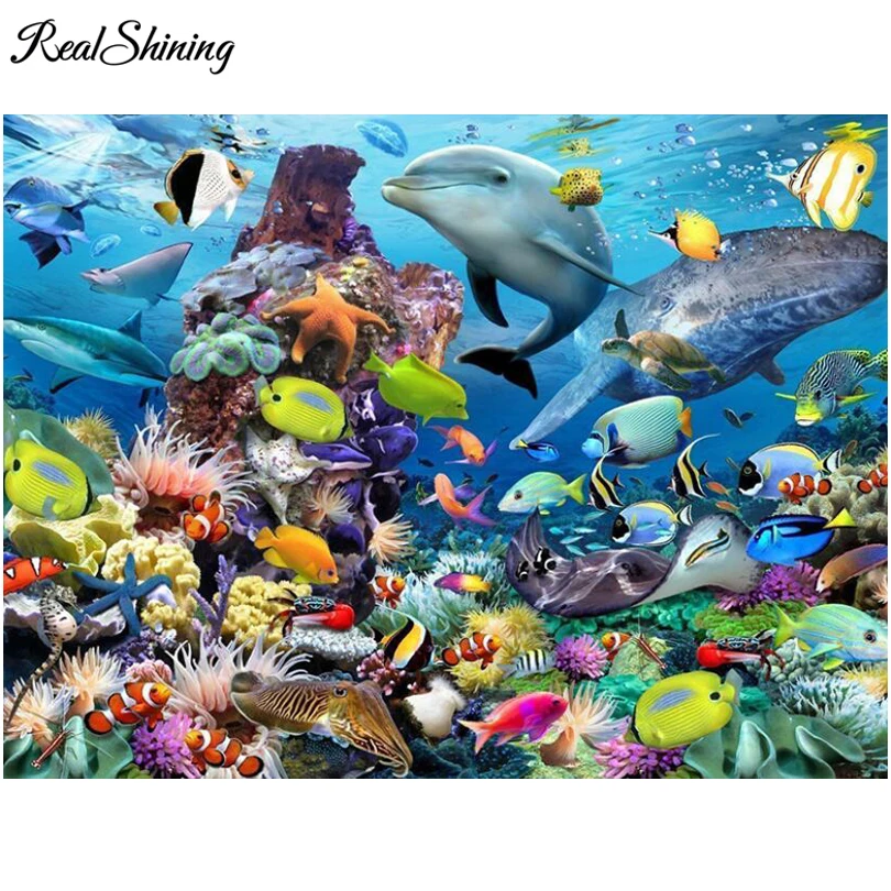 

REALSHINING 3D DIY Diamond Painting Cross Stitch kit Full Square Diamond Embroidery Dolphins Fish 3D Diamond Mosaic FS425