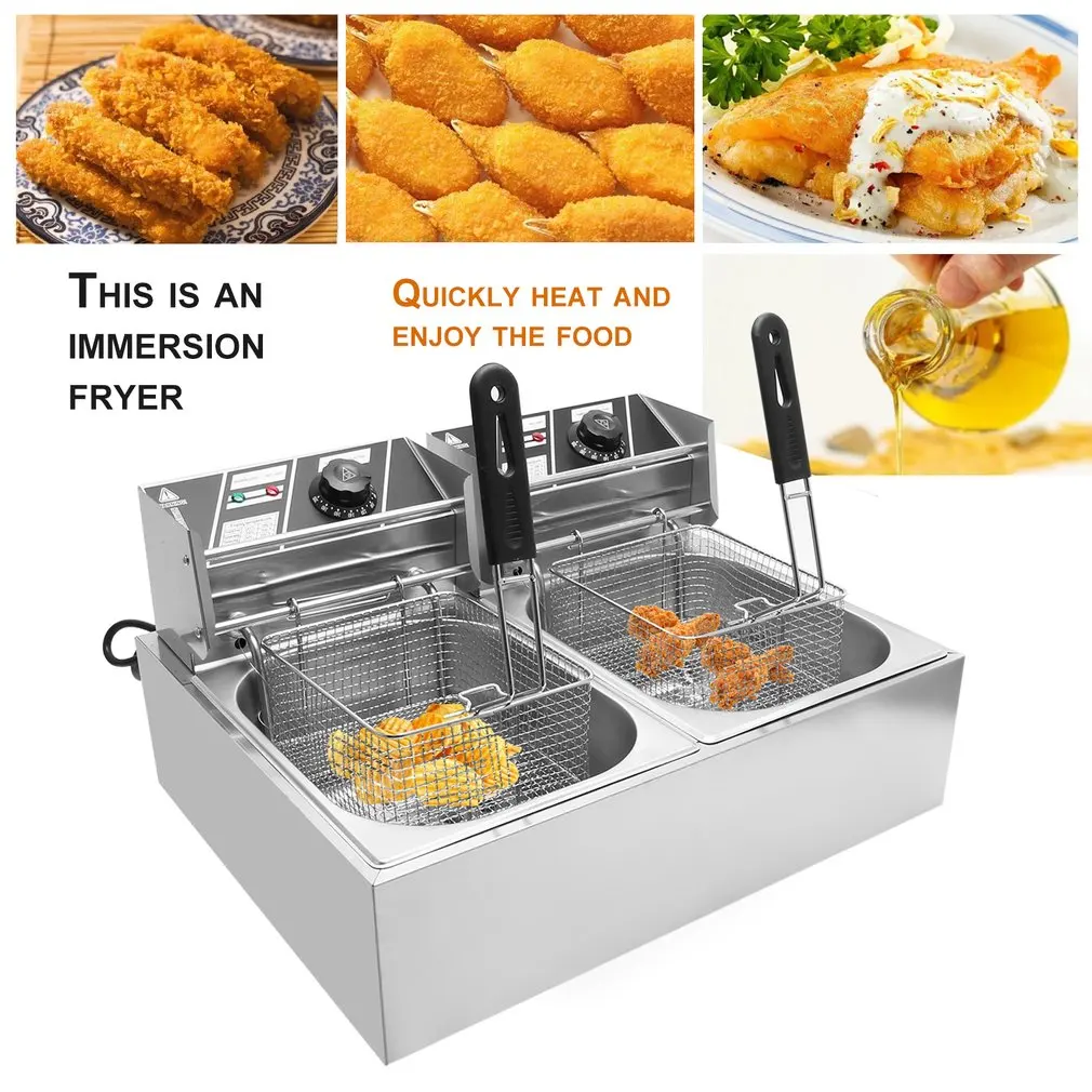 

Commercial Professional Electric Stainless Steel Double Pots Deep Fryer Twin-tanks With Lids Baskets 2 x 10 Liter EU Plug