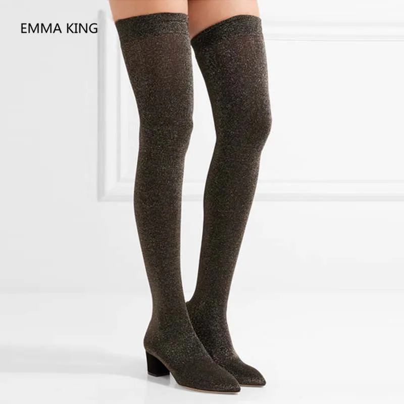 

2018 New Arrival Pointed Toe Stretch Over The Knee Socks Boots Women Slip On High Heels Bling Party Shoes Woman Thigh High Boots