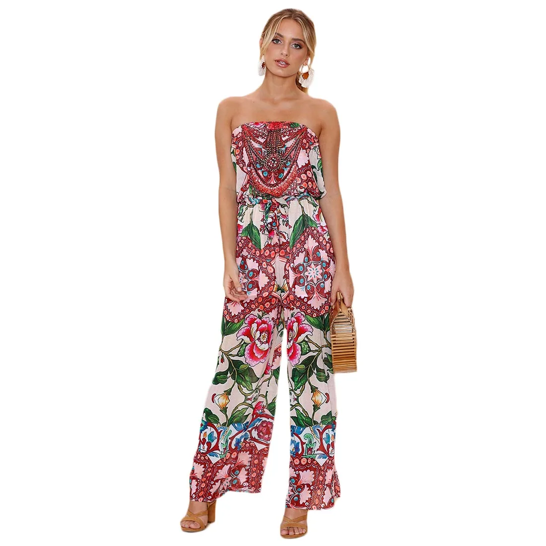 Strapless Women Jumpsuit Rompers Long Pants Ladies Wide Leg Jumpsuits Boho Beach Off Shoulder