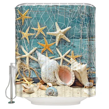 

Starfish Conch Beach Extra Long Fabric Bath Shower Curtains Summer Sandy Beach Mildew-resistant Bathroom Decor Sets with Hooks
