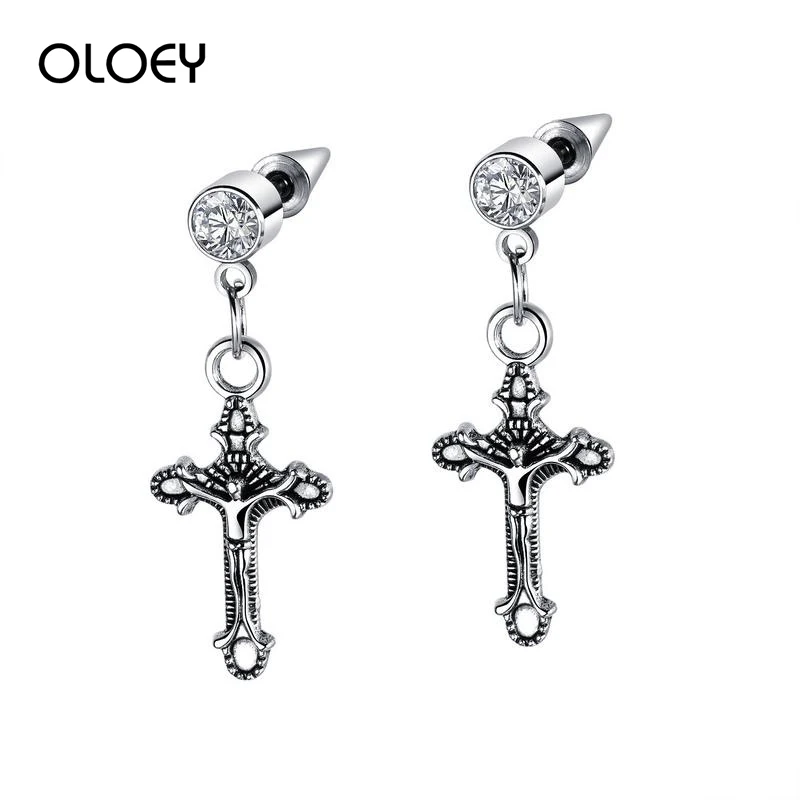

OLOEY New Fashion Titanium Steel Earrings Retro Punk Men's Earring Jewelry Male Exaggerated Jesus Cross Earrings For Boyfriends