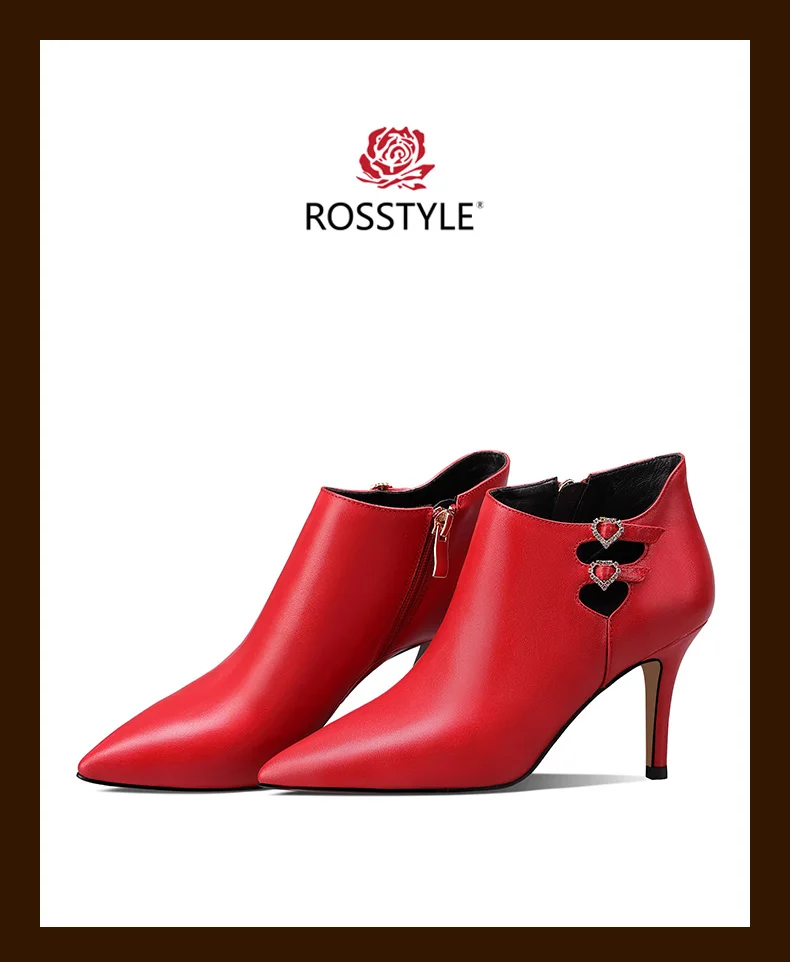 Excellent ROSSTYLE Winter Fashion Woman Ankle Boot High Quality Genuine Leather Short Boot Zipper Sexy Pointed Toe Thin Heel Warm Boot B33 18