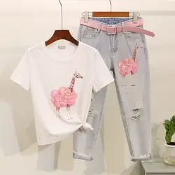 Taotrees блёстки с коротким рукавом футболки + джинсы для женщин для Летние 2 шт. модные костюмы