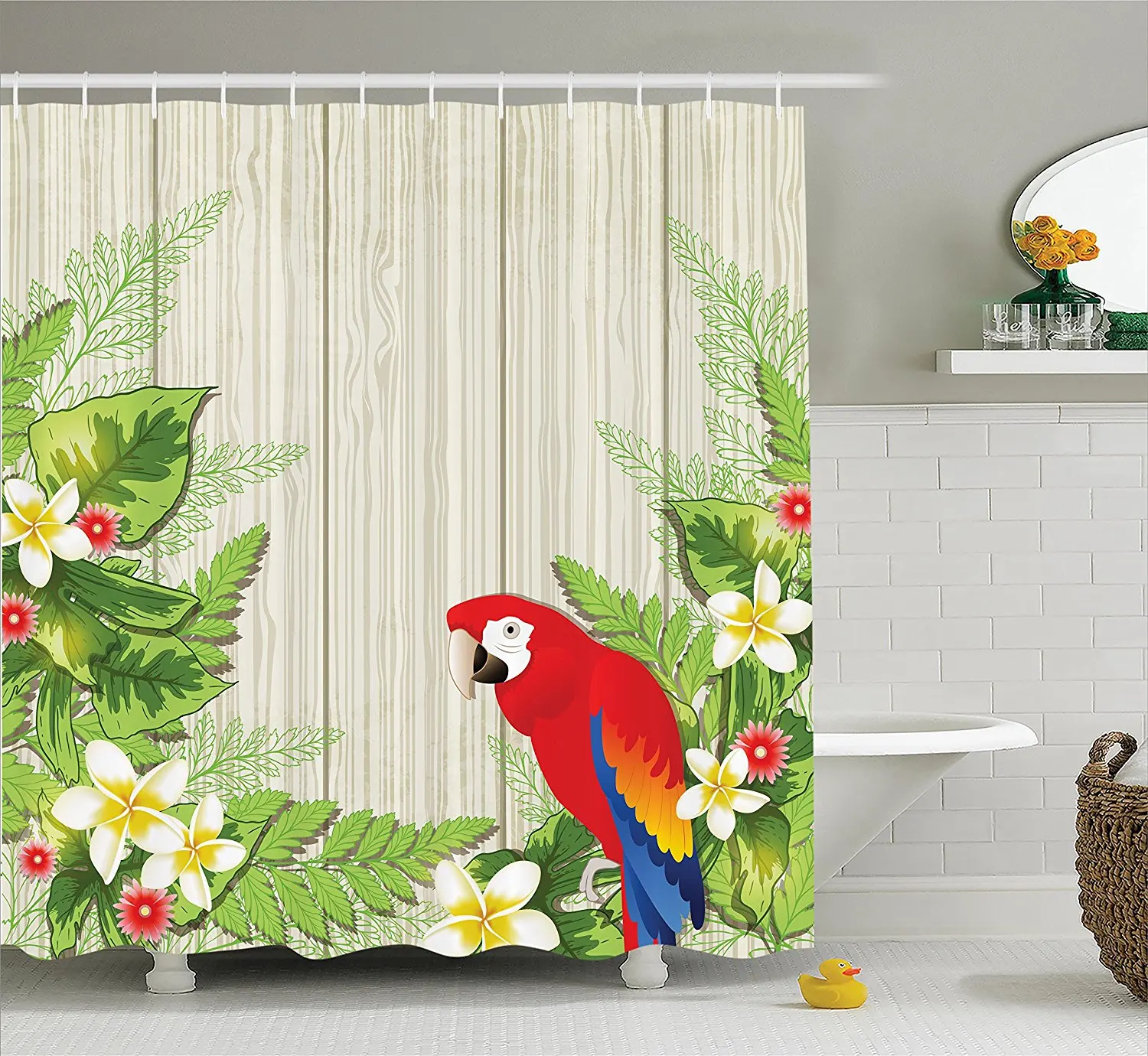Parrots Shower Curtain Set Tropic Flowers And African Parrot In Summer