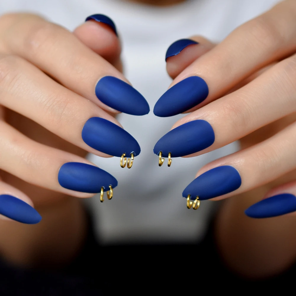Ring Almond Nails Medium Dark Blue Nail Gold Perforation ...