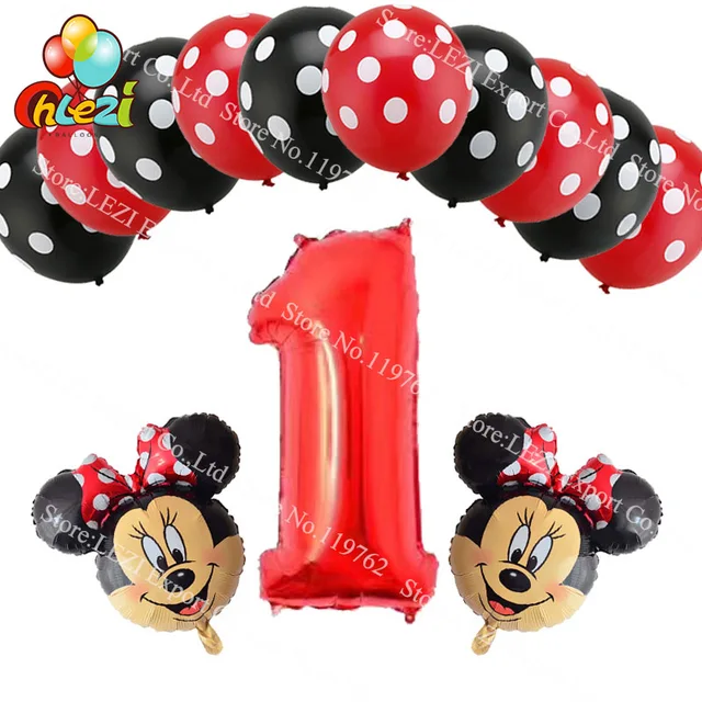 13pcs Birthday Red Number 1 2 3 year Balloons Minnie Mickey Party Decor Foil balloon Dot latex balloon Kids Toys Baby shower