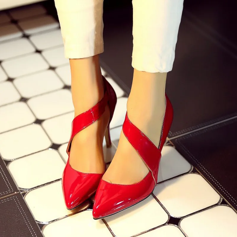 Fashion Genuine Leather Thin High Heels font b Women b font Pumps Sexy Pointed Toe Buckle