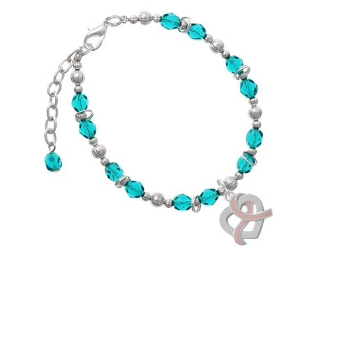 Heart Outline with Pink Ribbon Looping Through Teal Beaded Bracelet