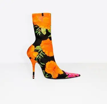 SWYIVY/облегающие ботинки; женские пикантные туфли на тонком высоком каблуке; сезон осень; коллекция года; модная обувь из эластичной ткани с цветочным принтом; высокие сапоги с острым носком и цветочным принтом; 48 - Цвет: ankle orange flower