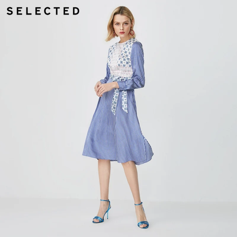 

SELECTED Chiffon Lace-up Printed Slim Fit Striped Long-sleeved Dress S|41912J511