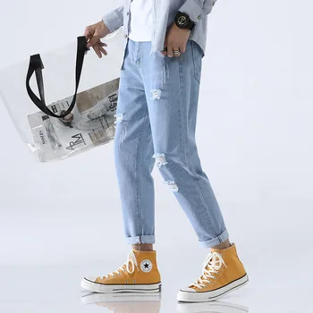 

wholesale 2020 washing Ripped Hole jeans hombre streetwear men's ankle length pants men's light color teenagers harem pants male