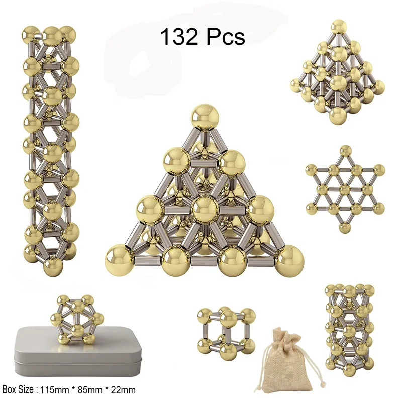

New 132pcs Magnetic Construction Set Toys,Magnetic Stick & Gold Plating Balls Building Blocks Fidget Toys, 3D Metal Puzzle Toys.