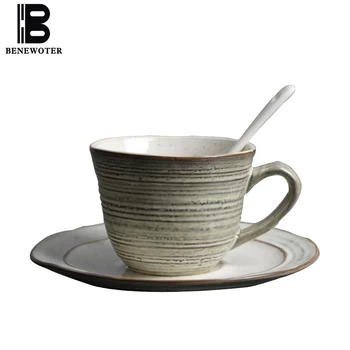 

180ml Japanese Style Vintage Coarse Pottery Coffee Cup Creative Ceramic Coffee Mug Breakfast Milk Oatmeal Cup with Saucer Kit