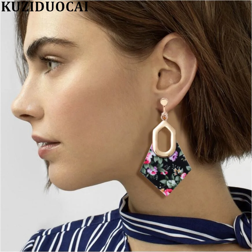 

Kuziduocai New Jewelry Fashion Boho Acrylic Acetate Fibre Bright Rose Flower Dangle Geometric Statement Clip Earrings For Women