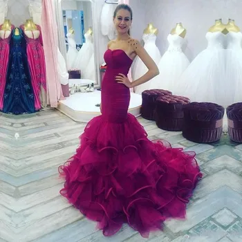 

Hot Sale Mermaid Tulle Prom Dresses Sexy Sweetheart Off Shoulder Tiered Zipper Back Vestido De Festa For Formal Party X-309