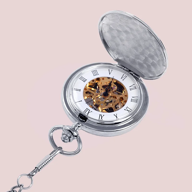 Высокое качество карманные часы Серебряный полированный яркий поверхностный чехол Золотой Скелет механический греческий цифровой циферблат с внутренним узором