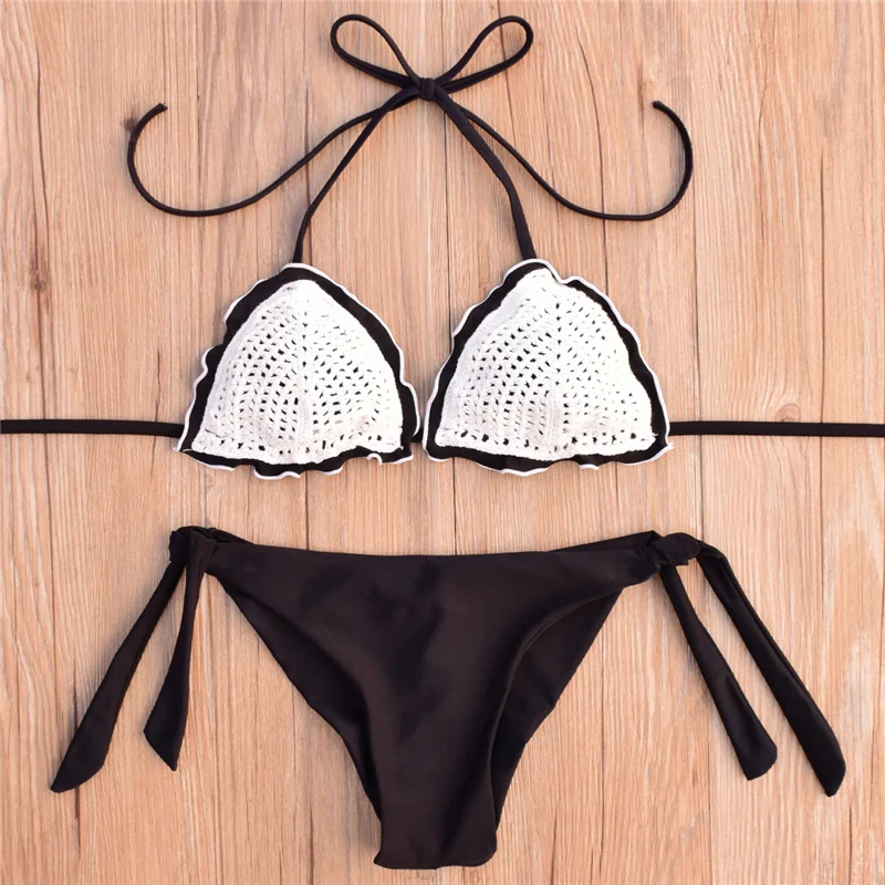 2019 Handmade Crochet Micro Thong Bikini Knitted Swimsuit Girls Brazilian Bikini Set Bralette Solid Halter Swimwear Women (10)