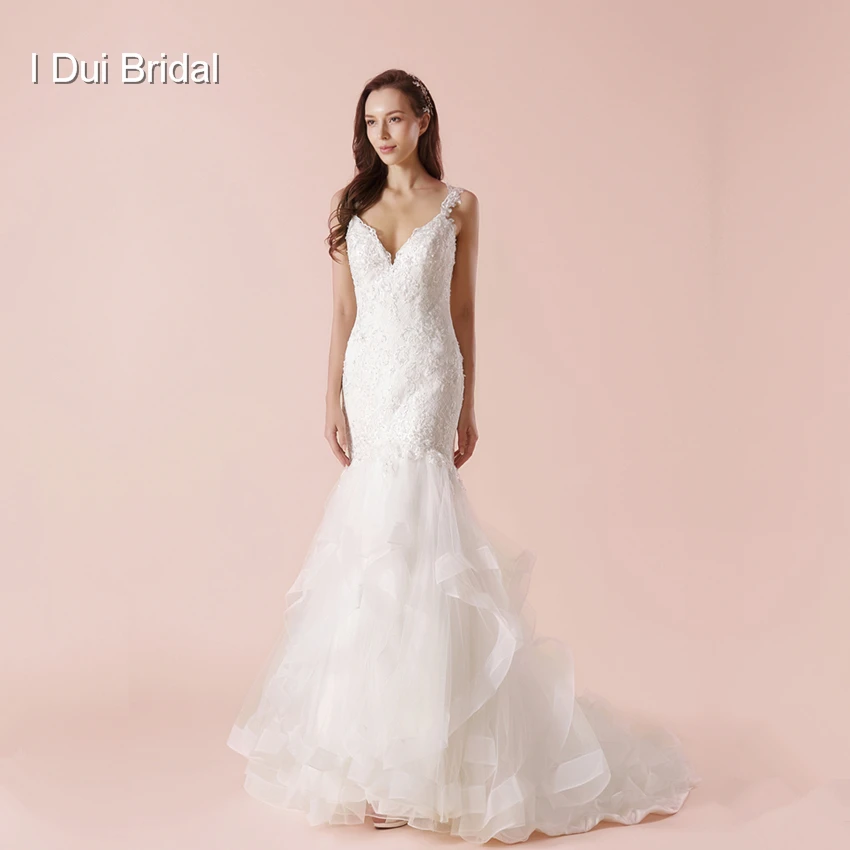 

Mermaid Wedding Dress Tiered Layer Skirt Lace Appliqued Beaded High Quality Keyhole Back