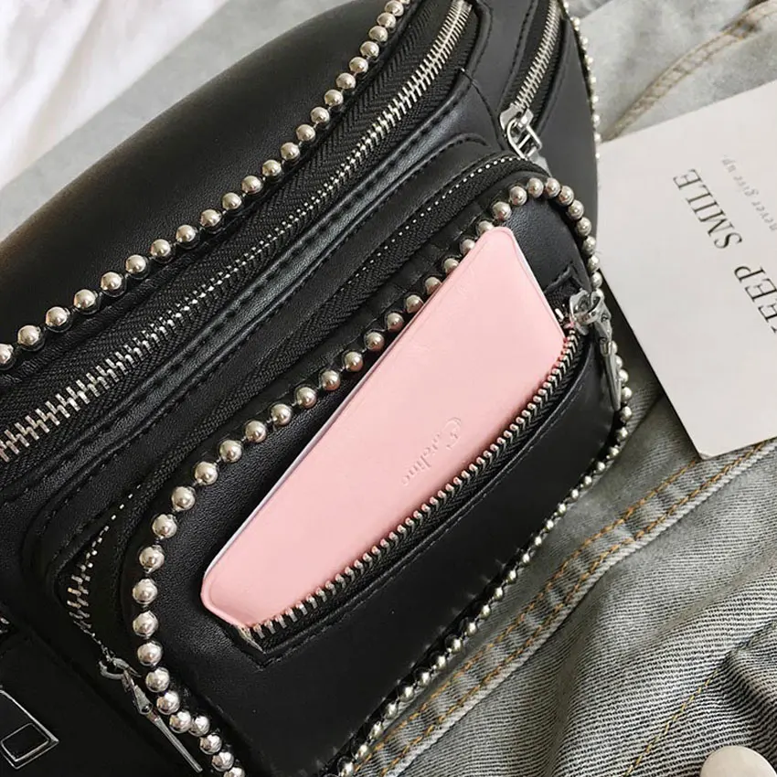 LJT Luxury Design Women PU Leather Waist Bag Female Rivet Casual Fanny Packs Belt Bag Handbag and Purse Female Mini Chest Bags