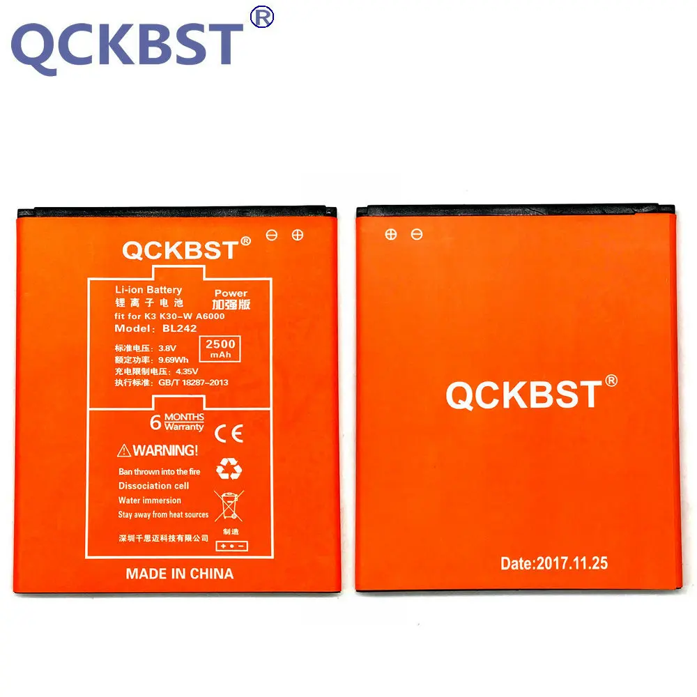 

New BL242 Battery For Lenovo K3 K30-W K30-T A6000 A3860 A3580 A3900 A6010 A6010 Plus Phone 2500mAh Rechargeable Bateria