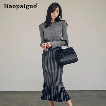 

Spring 2 Piece Set Women Korean Casual Knitted Sweater and Pleated OL Office Bodycon Wrap Dress Women Streetwear Two Piece Se