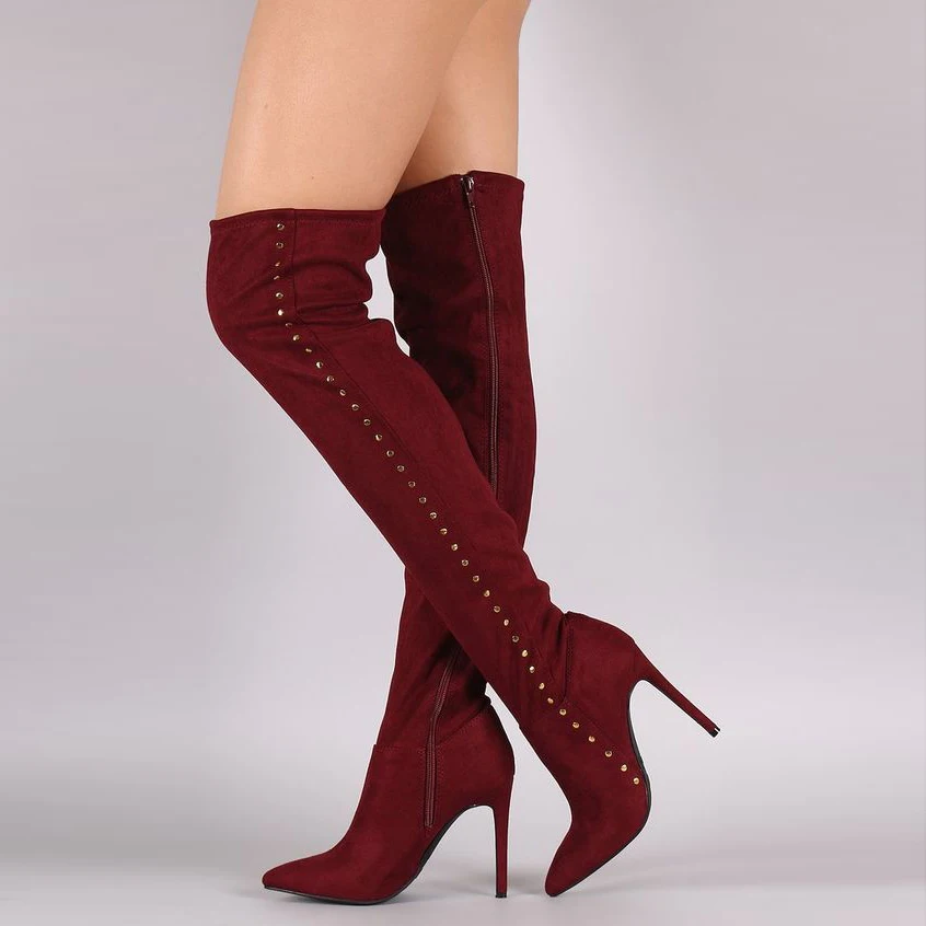 

Red Blue Runway Women Thigh High Boots Pointed Toe Stiletto Heels Over-The-Knee Boots Side Zipper High Heels Women Long Boots