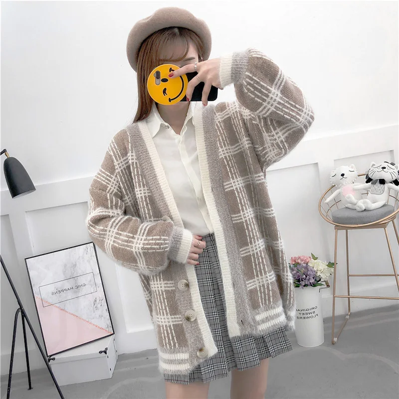 New Autumn Winter Women Sweater Casual Loose Knitted Outerwear Long sleeves Plaid Cardigan For Lady Office Casual V Neck