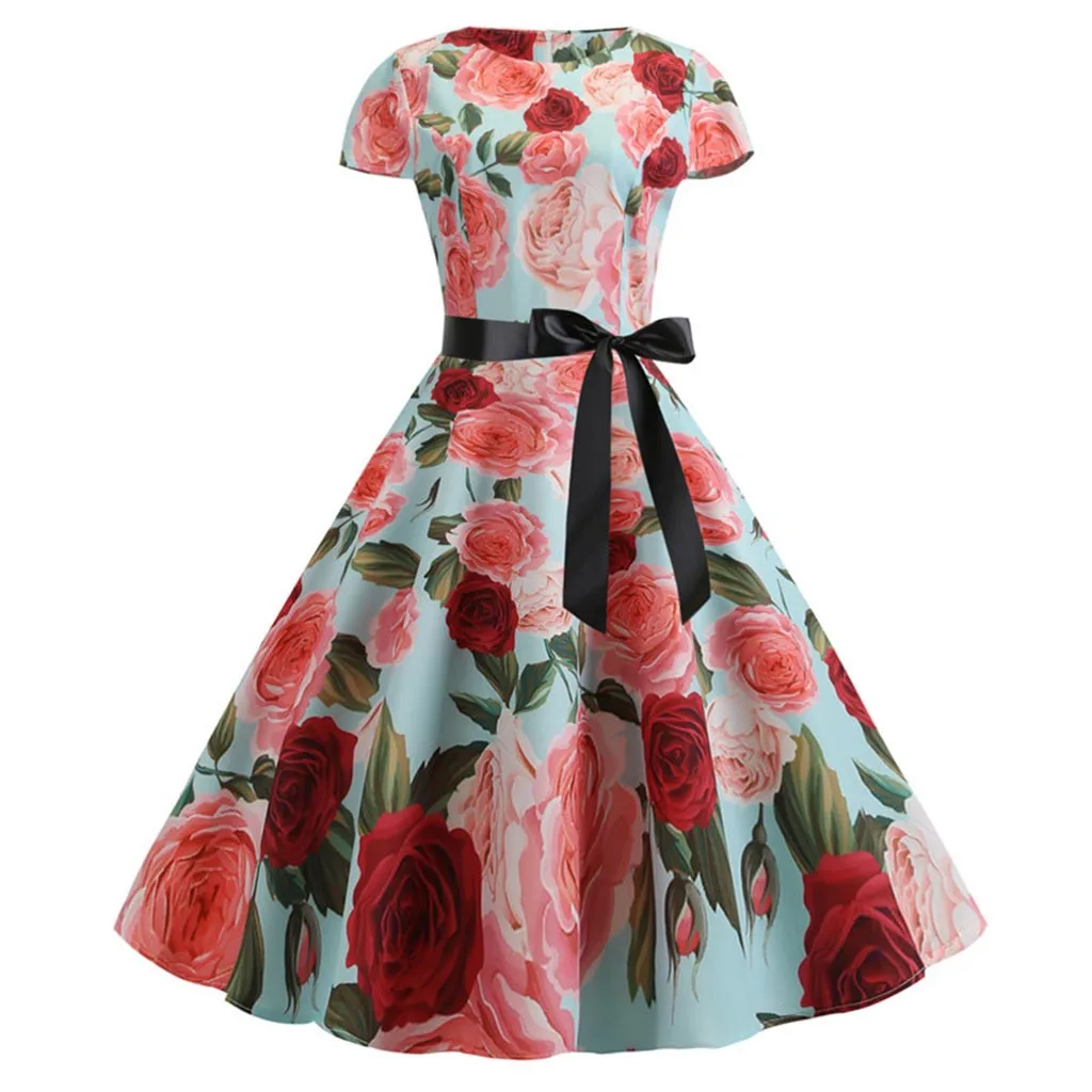 Elegant Summer Dress 2019 Women Vintage 1950s Retro Short Sleeve Print Evening Party Gown Prom Swing Vestidos платье Femme | Женская