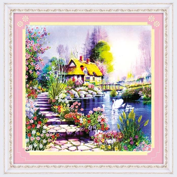 

DIY Ribbons Embroidery Landscape Decorative Canvas Painting Colored HD Prints Needlework Cross Stitch Kit Wall Art Scenic C-0069