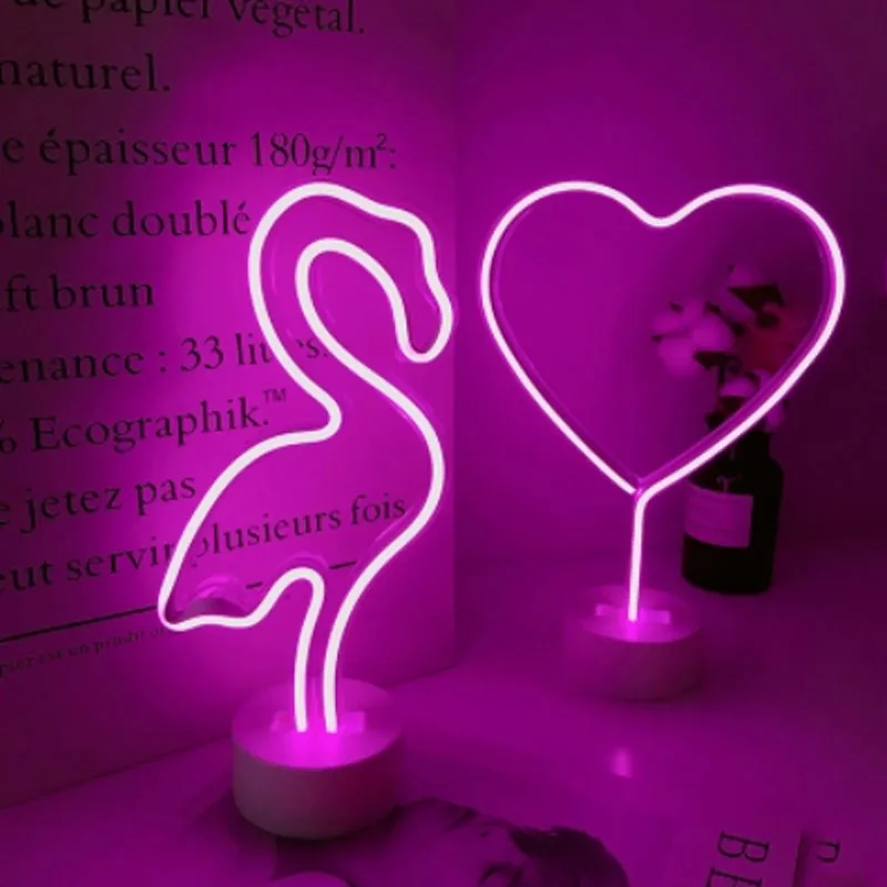 

Battery Operated LED Neon Abajur Night Light Table Night Lamp Flamingo Angel Heart for Home Wedding Party Valentine's Day Decor
