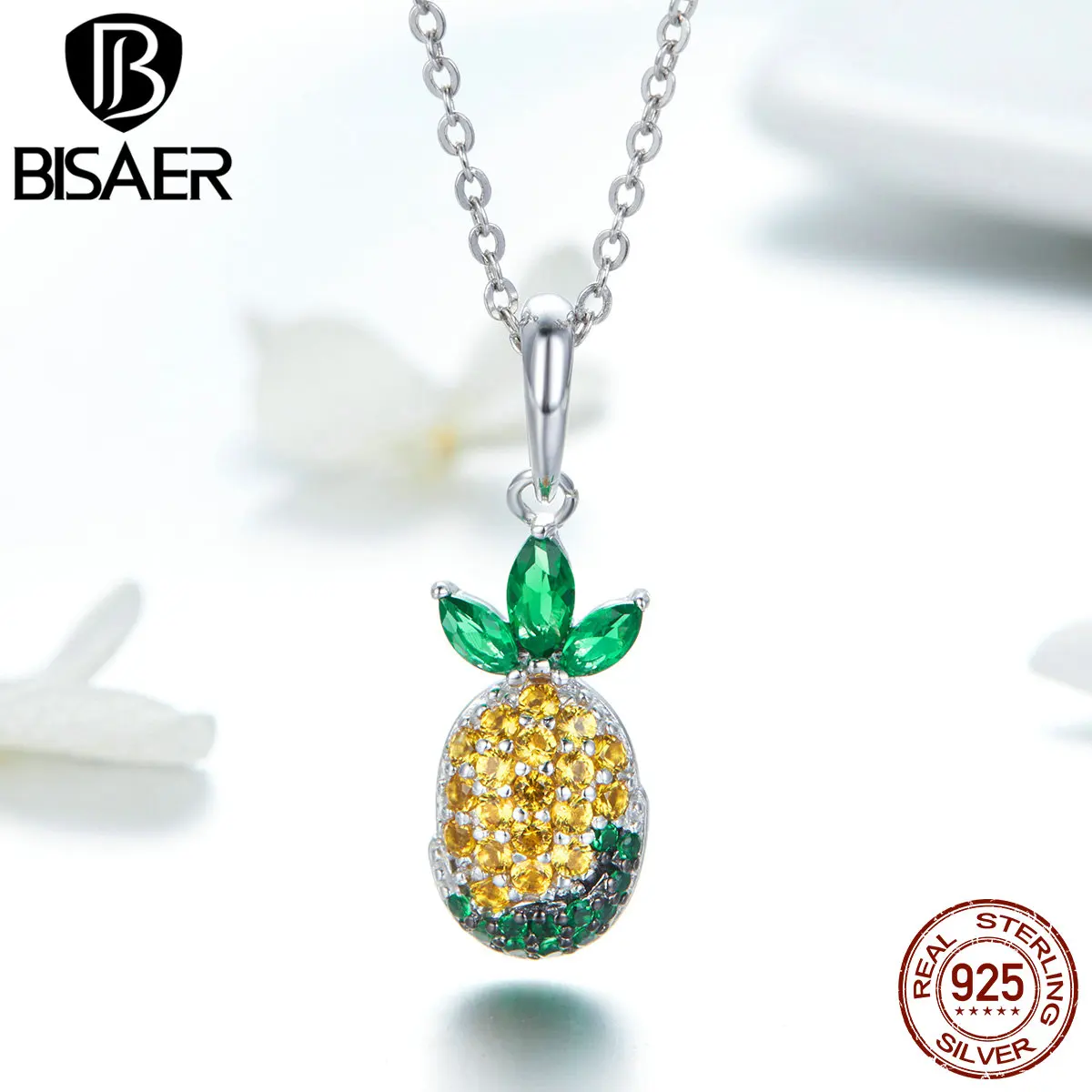 

BISAER 925 Sterling Silver AAA Yellow CZ Pineapple Fruit Pendant Necklace for Women Fashion Jewelry Female Gifts HSC1076