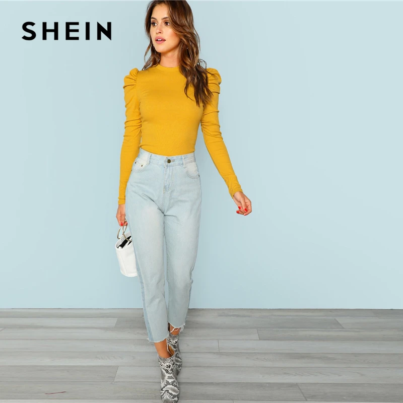 SHEIN элегантный минималистичный трикотажный Однотонный пуловер с буффами на