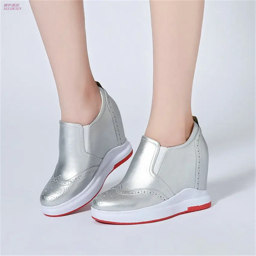 

NAYIDUYUN Women Casual Shoes Cow Leather Low Top Platform Wedges High Heels Boots Round Toe Party Pumps Punk Greepers Shoes