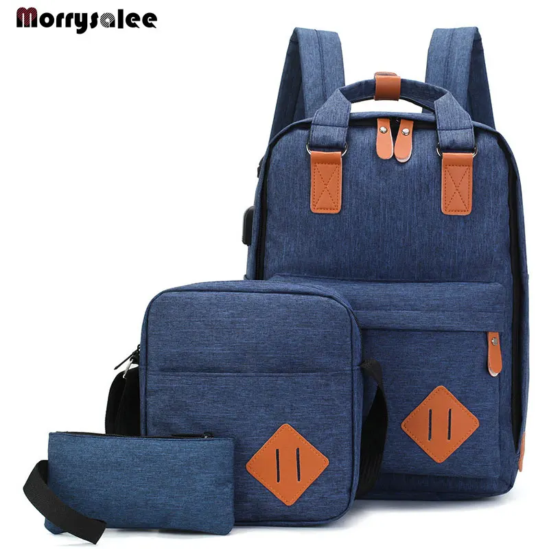 Мужская сумка-рюкзак, мужской рюкзак из полиэстера для ноутбука, сумки для компьютера, сумки для старшеклассников, студентов колледжа, зарядка через usb, 3 штуки - Цвет: blue